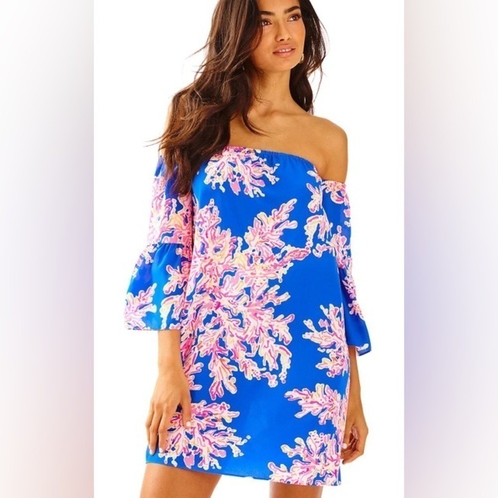 Lilly Pulitzer 100% Silk Off Shoulder Coral Print Mini Tunic Dress XXS
